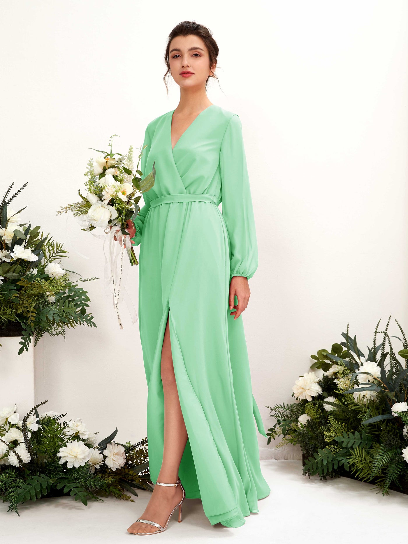 V-neck Long Sleeves Chiffon Bridesmaid Dress - Mint Green (81223222)#color_mint-green