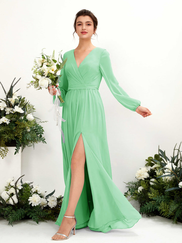 V-neck Long Sleeves Chiffon Bridesmaid Dress - Mint Green (81223822)