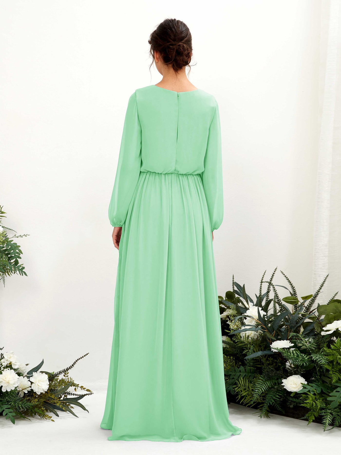 V-neck Long Sleeves Chiffon Bridesmaid Dress - Mint Green (81223822)#color_mint-green