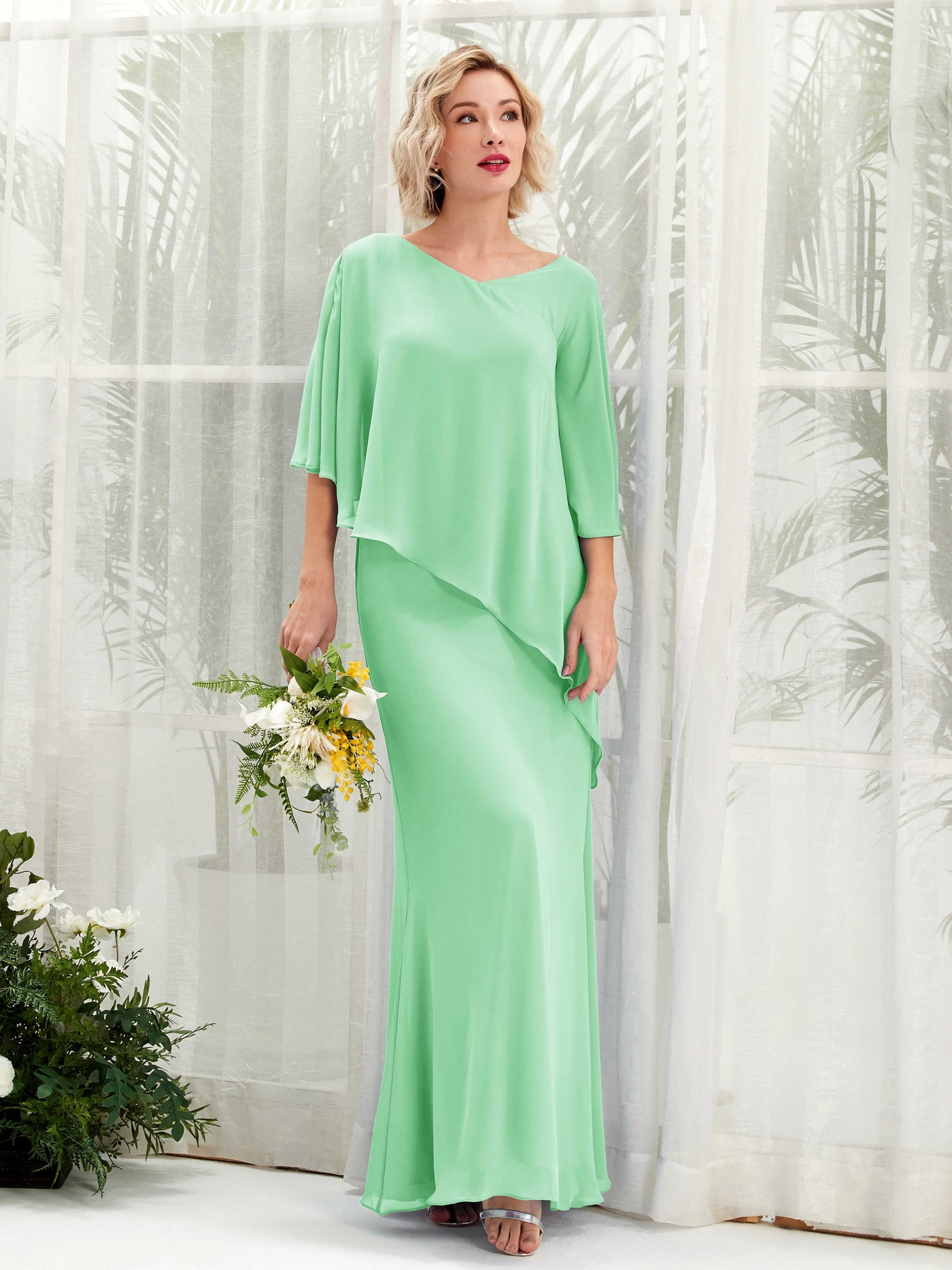 V-neck 3/4 Sleeves Chiffon Bridesmaid Dress - Mint Green (81222522)#color_mint-green