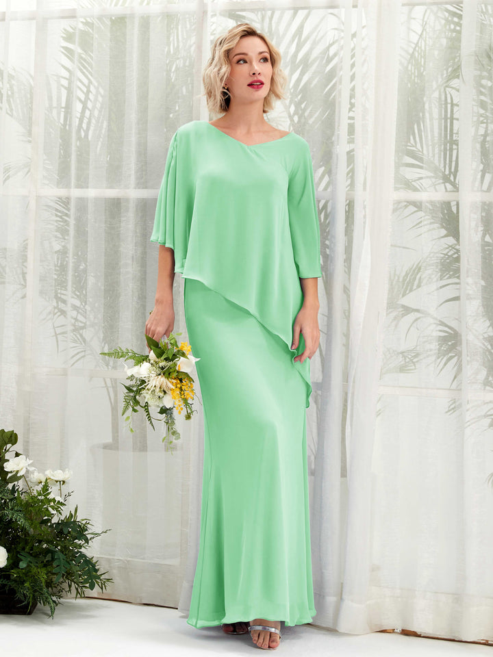 V-neck 3/4 Sleeves Chiffon Bridesmaid Dress - Mint Green (81222522)