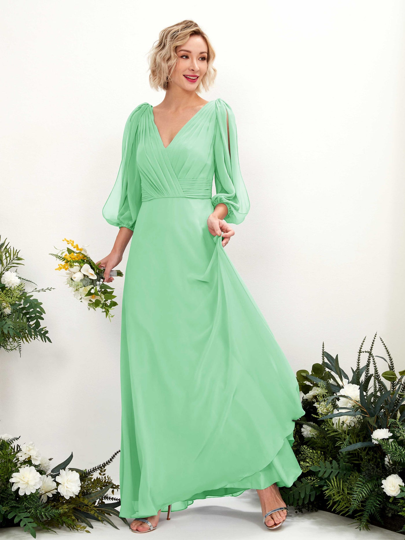 V-neck 3/4 Sleeves Chiffon Bridesmaid Dress - Mint Green (81223522)#color_mint-green