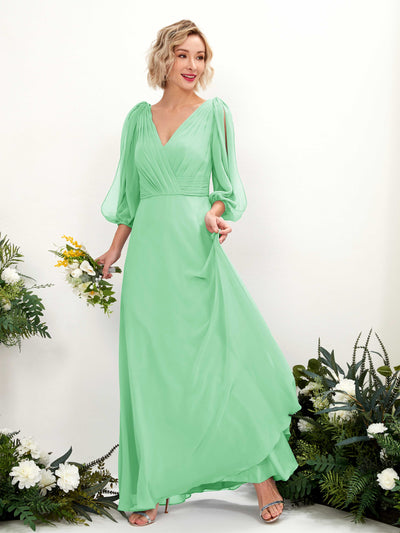 Carlyna Antonia A-Line Mint Green Bridesmaid Dress Maxi Three Quarter Sleeve V-Neck Dress Front View #color_mint-green