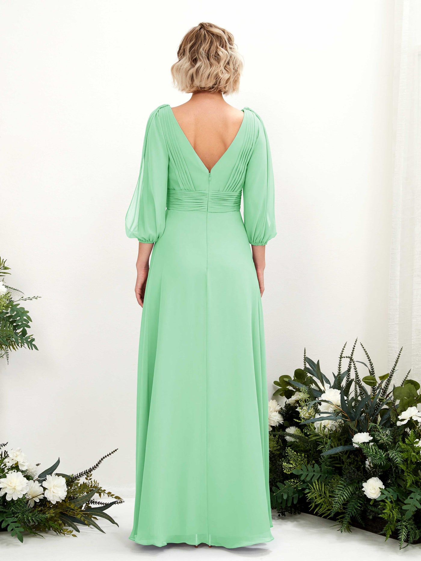 V-neck 3/4 Sleeves Chiffon Bridesmaid Dress - Mint Green (81223522)#color_mint-green