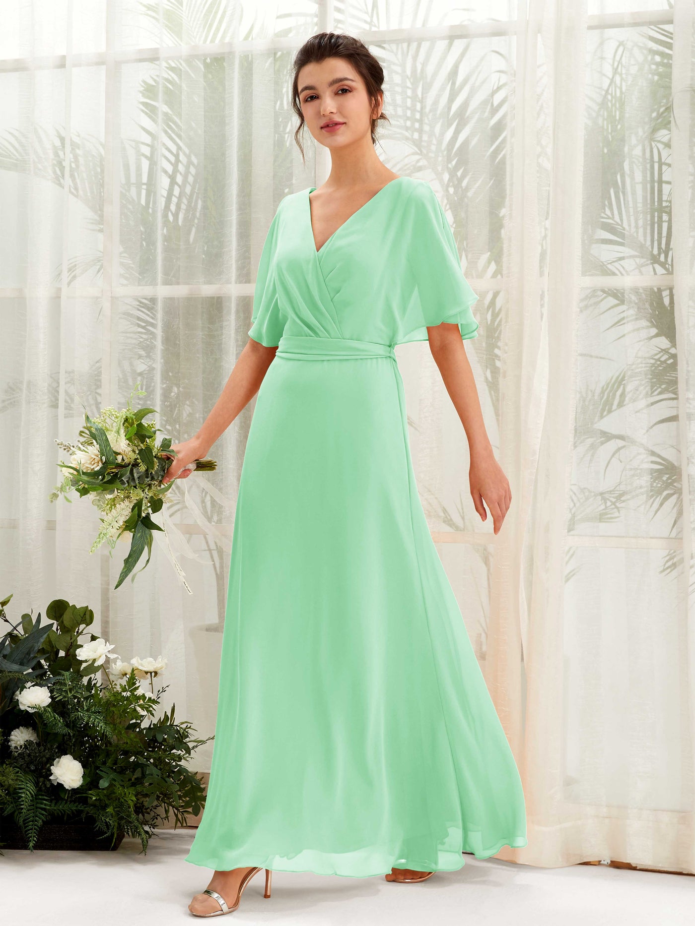 V-neck Short Sleeves Chiffon Bridesmaid Dress - Mint Green (81222422)#color_mint-green