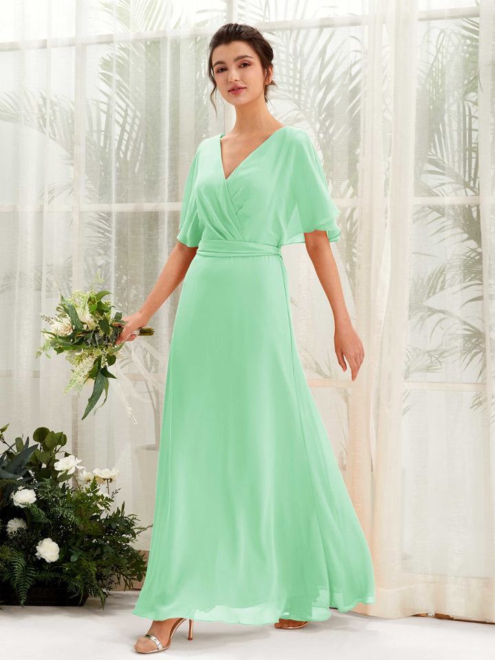 V-neck Short Sleeves Chiffon Bridesmaid Dress - Mint Green (81222422)