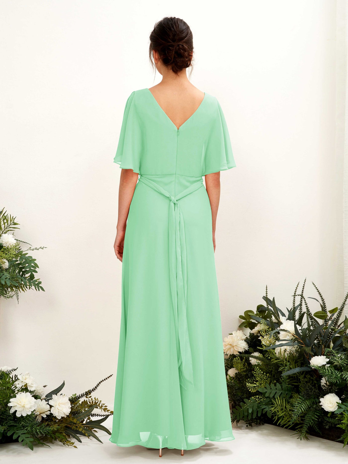 V-neck Short Sleeves Chiffon Bridesmaid Dress - Mint Green (81222422)#color_mint-green