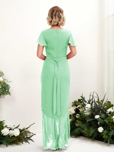Carlyna Eartha Mermaid Mint Green Bridesmaid Dress Maxi Cap Sleeve V-Neck Dress Back View #color_mint-green