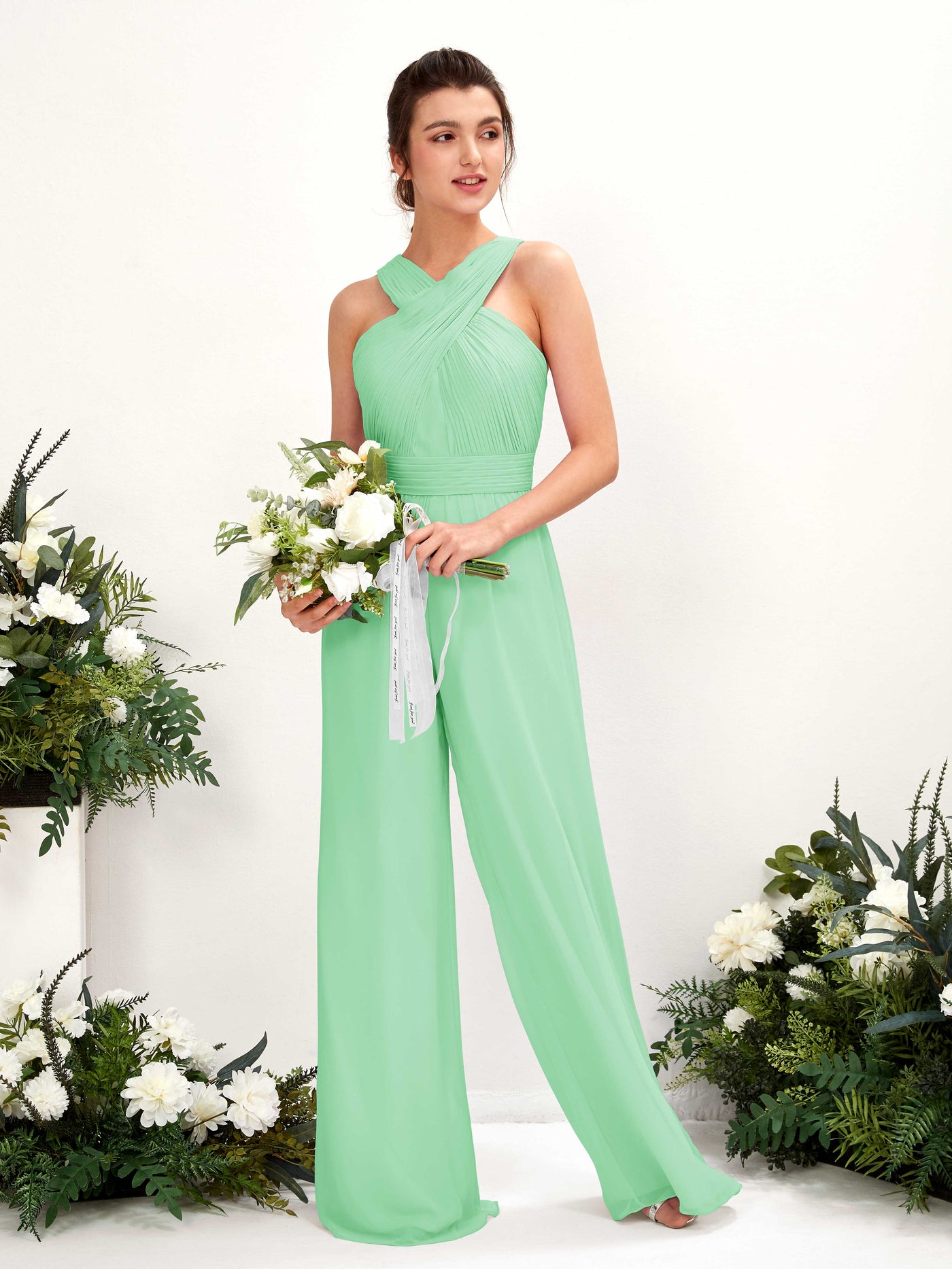 V-neck Sleeveless Chiffon Bridesmaid Dress Wide-Leg Jumpsuit - Mint Green (81220722)#color_mint-green