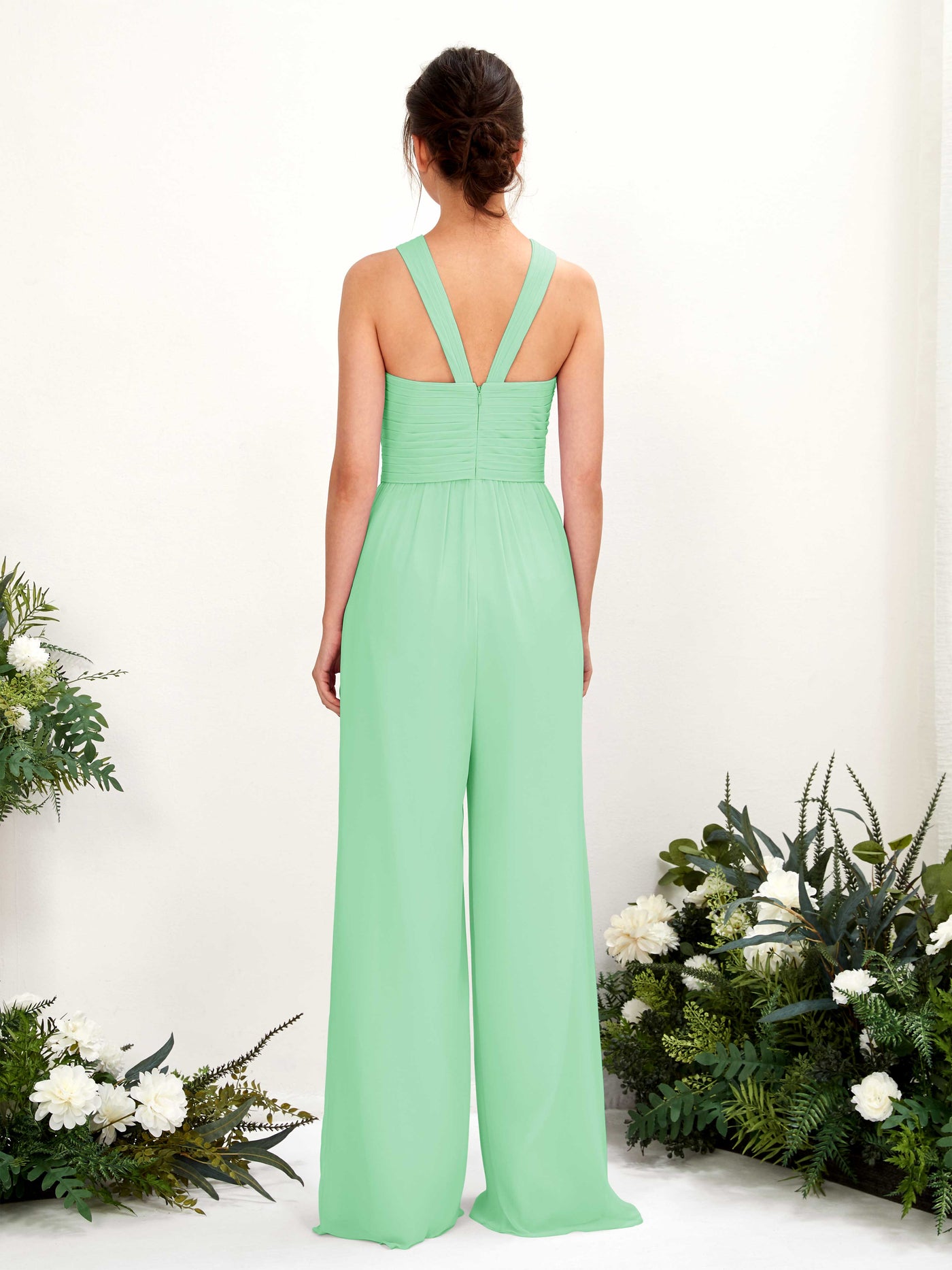 V-neck Sleeveless Chiffon Bridesmaid Dress Wide-Leg Jumpsuit - Mint Green (81220722)#color_mint-green