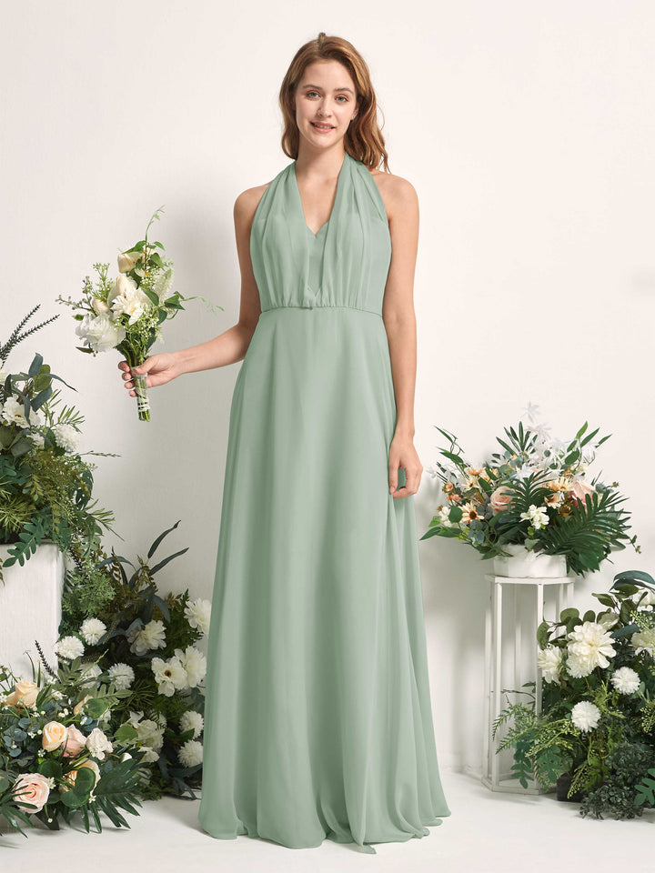 Bridesmaid Dress A-line Chiffon Halter Full Length Short Sleeves Wedding Party Dress - Sage Green (81226305)