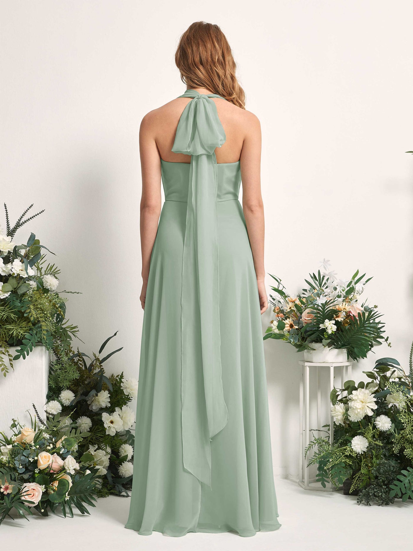 Bridesmaid Dress A-line Chiffon Halter Full Length Short Sleeves Wedding Party Dress - Sage Green (81226305)#color_sage-green