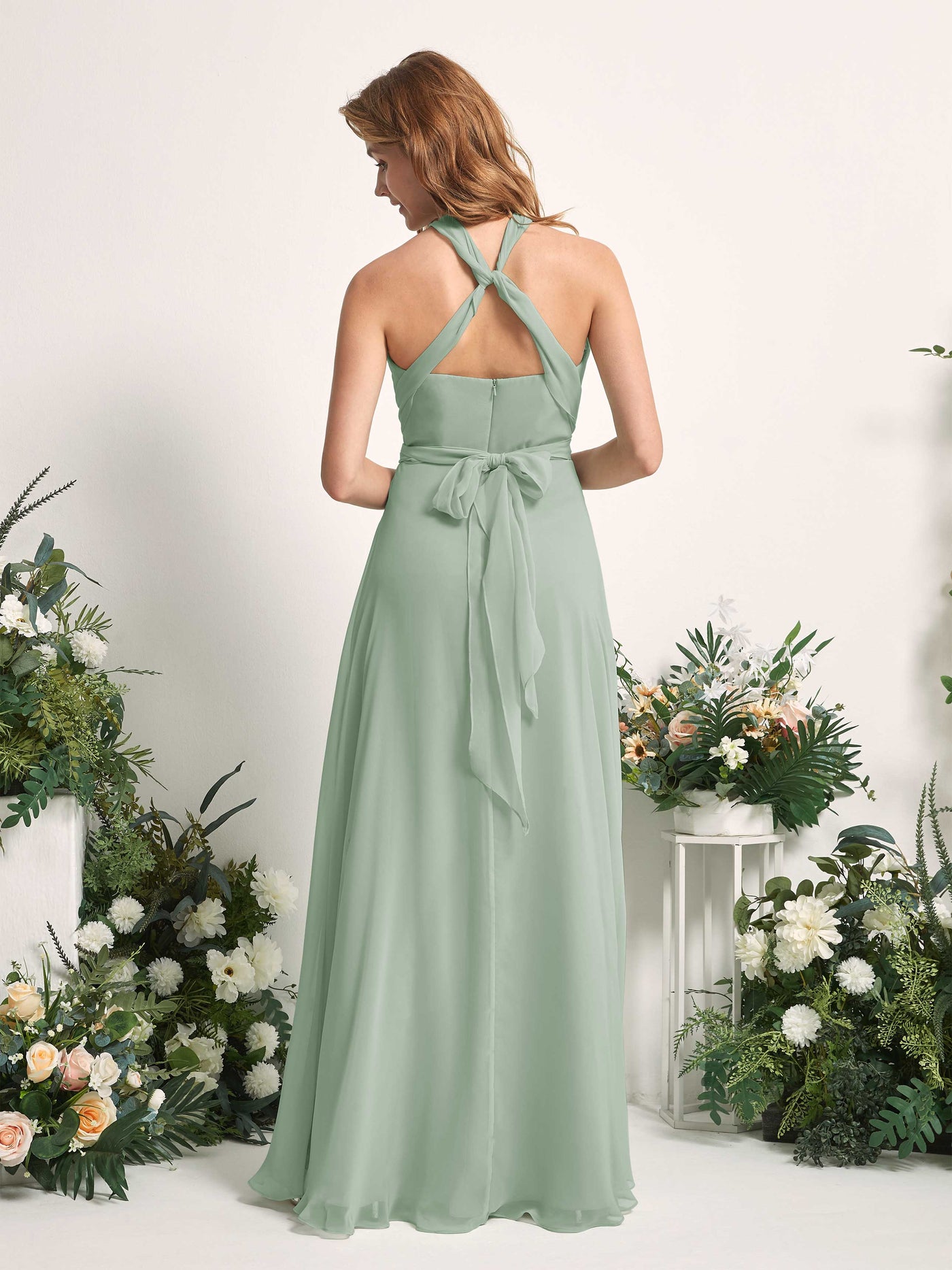 Bridesmaid Dress A-line Chiffon Halter Full Length Short Sleeves Wedding Party Dress - Sage Green (81226305)#color_sage-green
