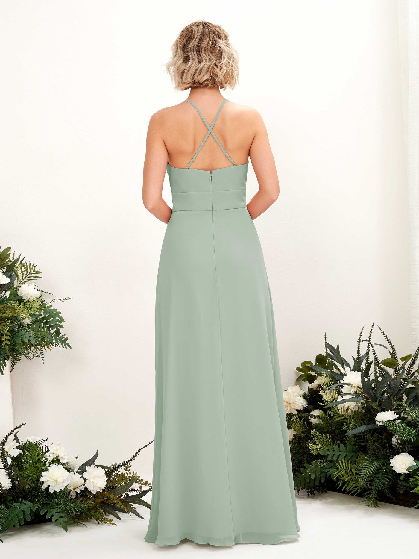 A-line Ball Gown Halter Spaghetti-straps Sleeveless Bridesmaid Dress - Sage Green (81225205)#color_sage-green