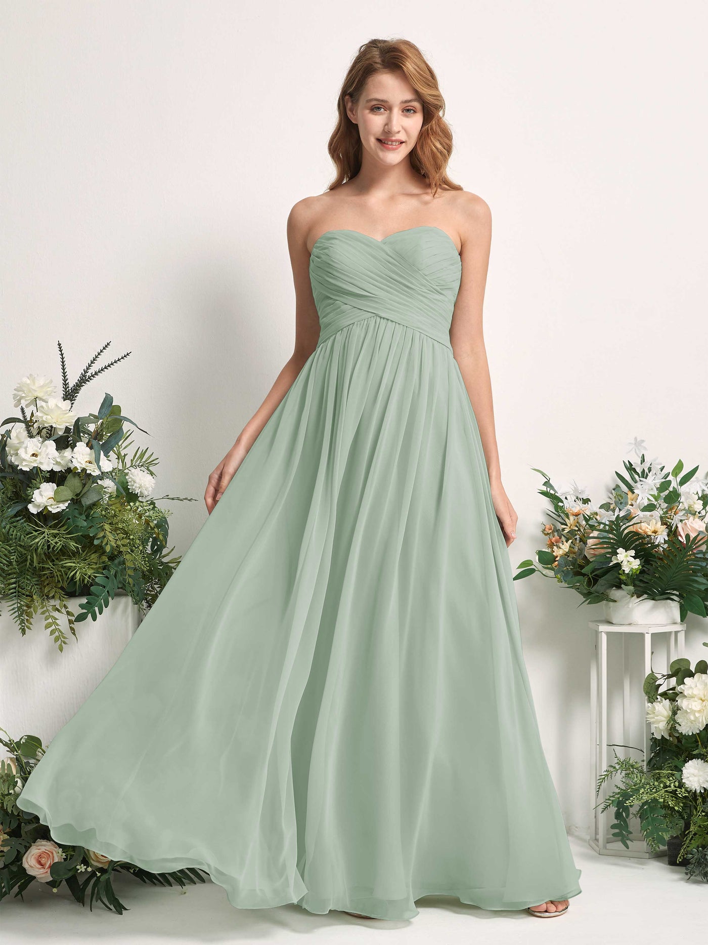 Bridesmaid Dress A-line Chiffon Sweetheart Full Length Sleeveless Wedding Party Dress - Sage Green (81226905)#color_sage-green