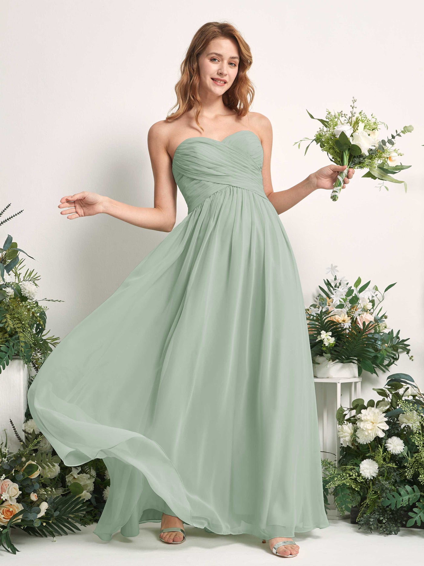 Bridesmaid Dress A-line Chiffon Sweetheart Full Length Sleeveless Wedding Party Dress - Sage Green (81226905)#color_sage-green