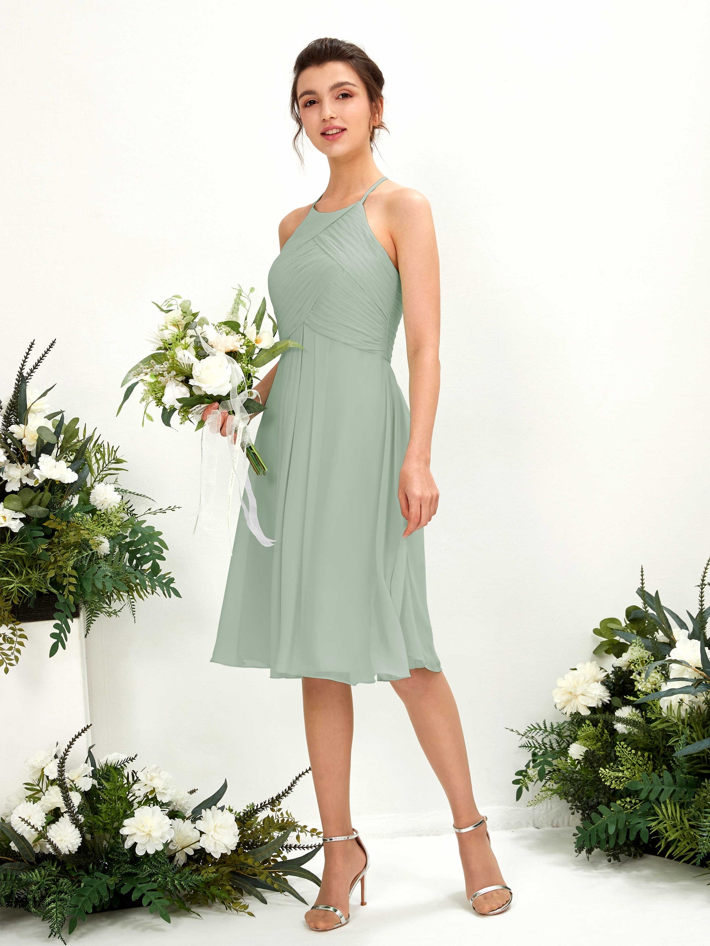 A-line Halter Sleeveless Chiffon Bridesmaid Dress - Sage Green (81220405)#color_sage-green