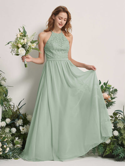 Carlyna Denise A-Line Sage Green Embroidered Bridesmaid Dress Maxi Sleeveless Round Neck Dress Front View #color_sage-green
