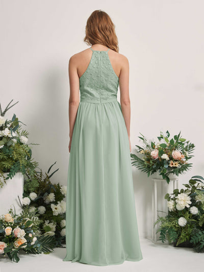 Carlyna Denise A-Line Sage Green Embroidered Bridesmaid Dress Maxi Sleeveless Round Neck Dress Back View #color_sage-green