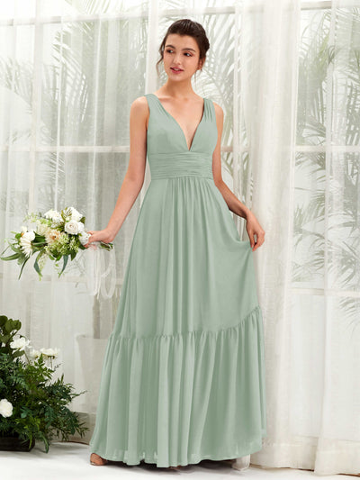 Carlyna Alissa A-Line Sage Green Bridesmaid Dress Maxi Sleeveless V-Neck Dress Front View #color_sage-green