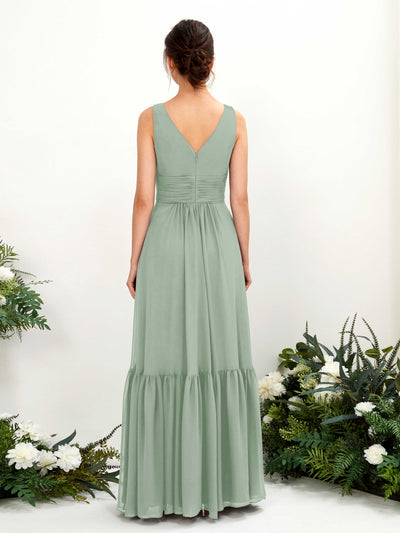 Carlyna Alissa A-Line Sage Green Bridesmaid Dress Maxi Sleeveless V-Neck Dress Back View #color_sage-green