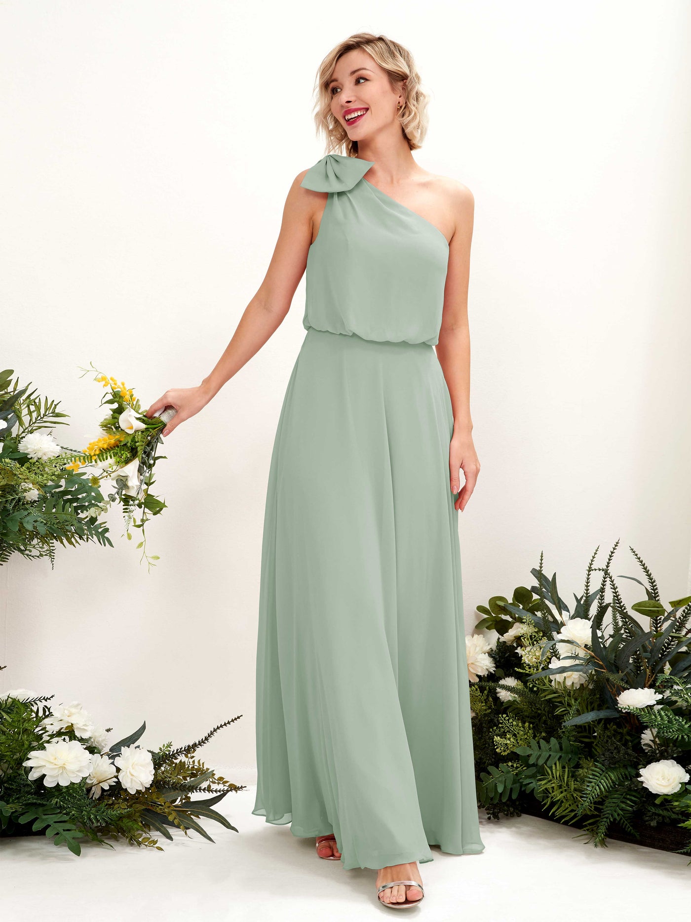 A-line One Shoulder Sleeveless Chiffon Bridesmaid Dress - Sage Green (81225505)#color_sage-green