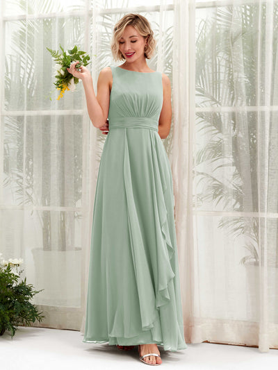 Carlyna Brianna A-Line Sage Green Bridesmaid Dress Maxi Sleeveless Boat Neck Dress Front View #color_sage-green