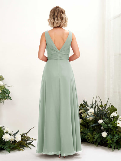 Carlyna Brianna A-Line Sage Green Bridesmaid Dress Maxi Sleeveless Boat Neck Dress Back View #color_sage-green