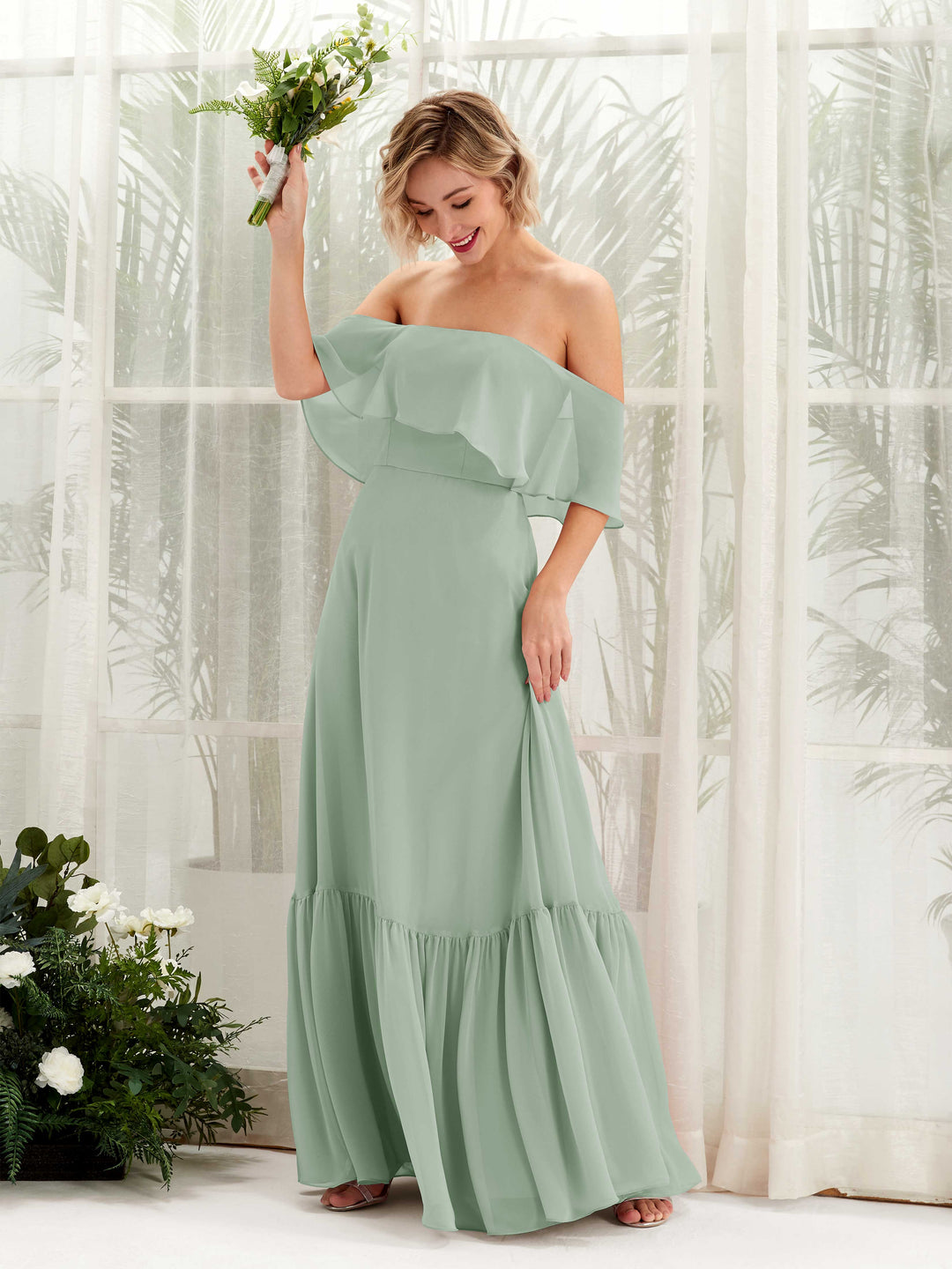 slim fit dress slacks Zapaka Women Dusty Sage Bridesmaid Dress with Slit A Line Printed Floral  Long Wedding Guest Dress – ZAPAKA UK main image 1