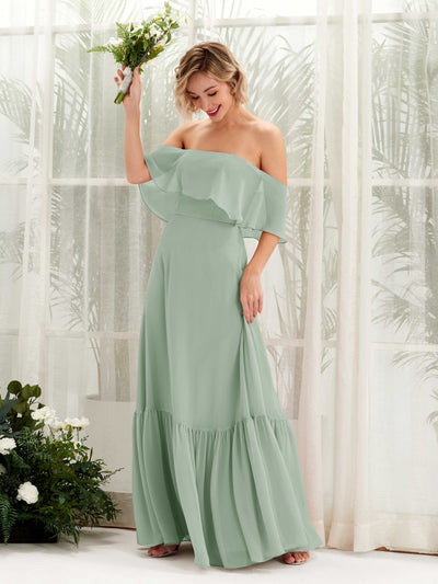 Carlyna Joie A-Line Sage Green Bridesmaid Dress Maxi Sleeveless Off the Shoulder Dress #color_sage-green