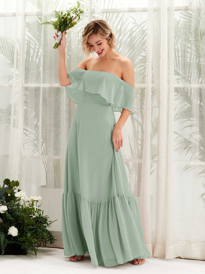 A-line Off Shoulder Chiffon Bridesmaid Dress - Sage Green (81224505)
