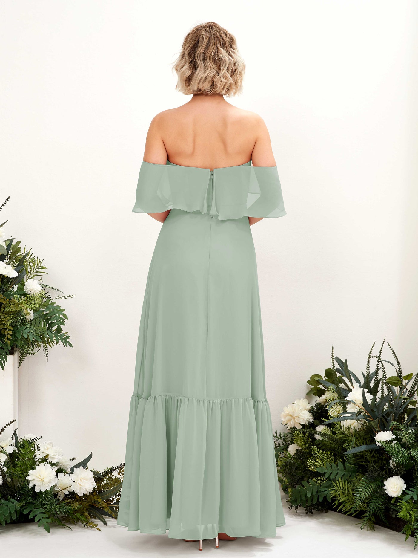 A-line Off Shoulder Chiffon Bridesmaid Dress - Sage Green (81224505)#color_sage-green