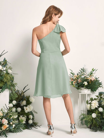 Carlyna Brenda A-Line Sage Green Bridesmaid Dress Knee-Length Sleeveless One Shoulder Dress Back View #color_sage-green