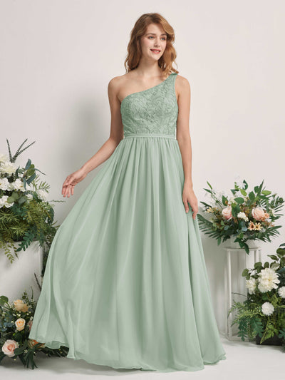 Carlyna Bonita A-Line Sage Green Embroidered Bridesmaid Dress Maxi Sleeveless One Shoulder Dress Front View #color_sage-green
