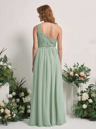 Carlyna Bonita A-Line Sage Green Embroidered Bridesmaid Dress Maxi Sleeveless One Shoulder Dress Back View #color_sage-green