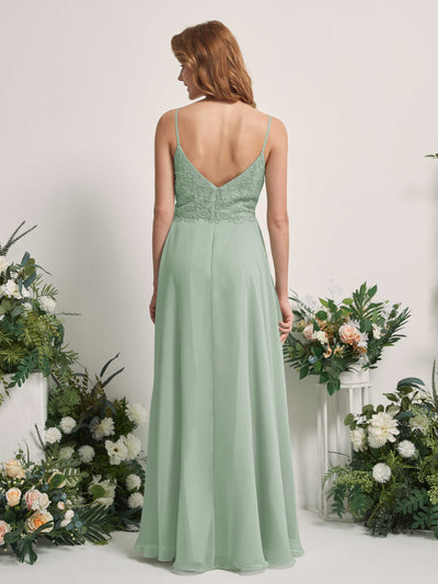 Carlyna Gail A-Line Sage Green Beaded Bridesmaid Dress Maxi Sleeveless V-Neck Dress Back View #color_sage-green
