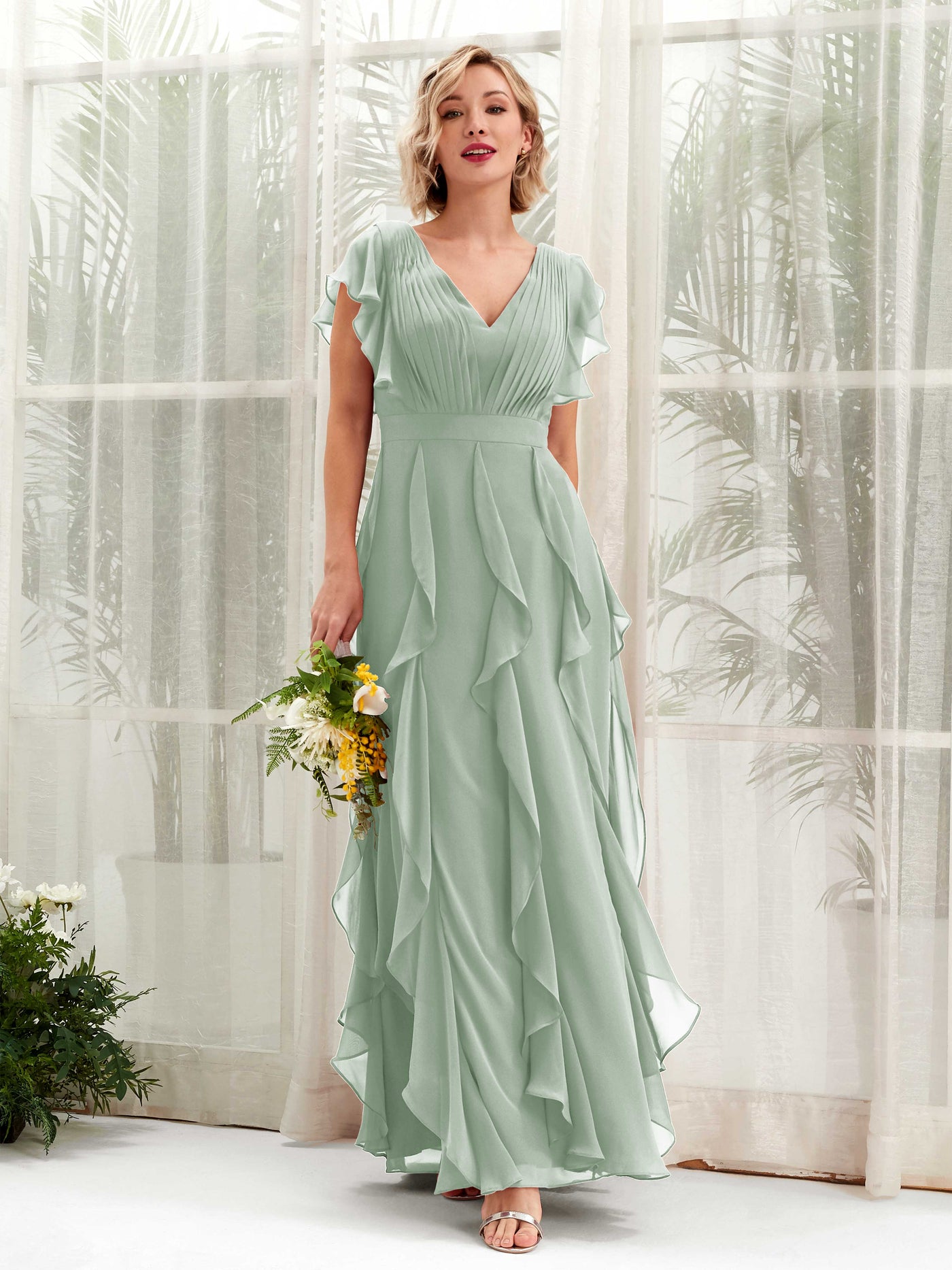 A-line V-neck Short Sleeves Chiffon Bridesmaid Dress - Sage Green (81226005)#color_sage-green