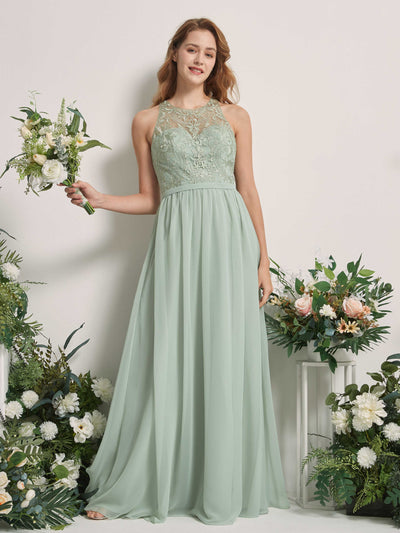 Carlyna Ellen A-Line Sage Green Embroidered Bridesmaid Dress Maxi Sleeveless Round Neck Dress Front View #color_sage-green