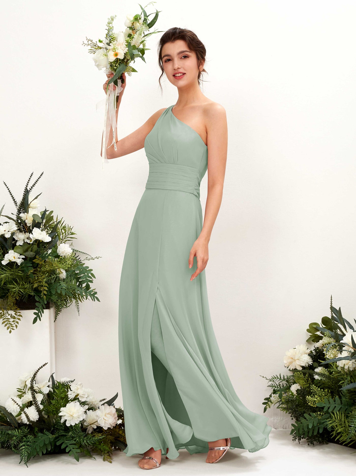 A-line One Shoulder Sleeveless Bridesmaid Dress - Sage Green (81224705)#color_sage-green