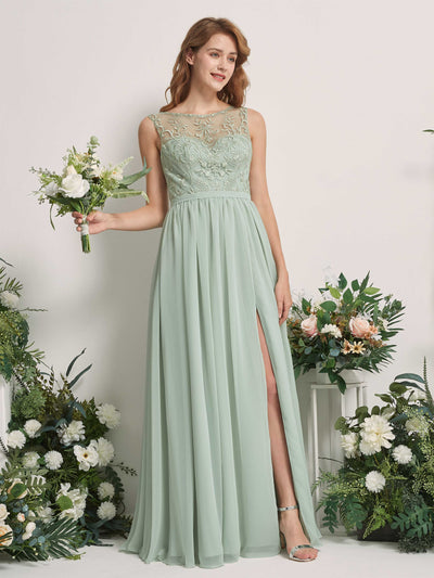Carlyna Cora A-Line Sage Green Embroidered Bridesmaid Dress Maxi Sleeveless Boat Neck Dress Front View #color_sage-green