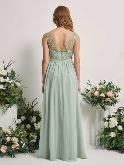 Carlyna Cora A-Line Sage Green Embroidered Bridesmaid Dress Maxi Sleeveless Boat Neck Dress Back View #color_sage-green