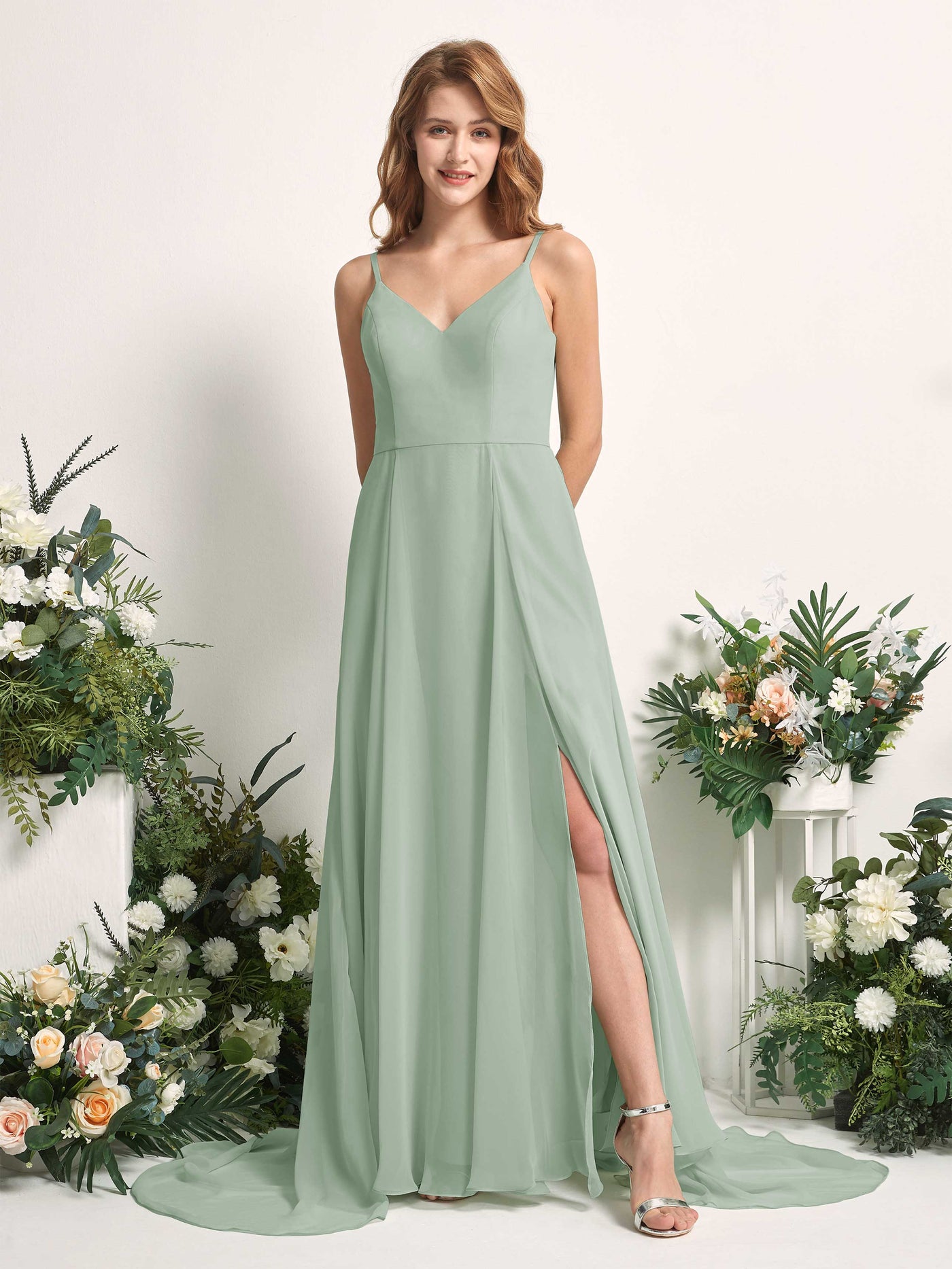 Bridesmaid Dress A-line Chiffon Spaghetti-straps Full Length Sleeveless Wedding Party Dress - Sage Green (81227705)#color_sage-green
