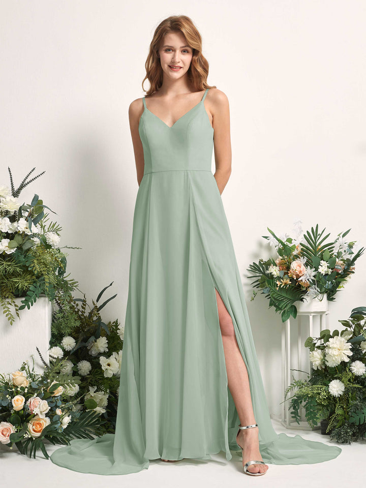 Bridesmaid Dress A-line Chiffon Spaghetti-straps Full Length Sleeveless Wedding Party Dress - Sage Green (81227705)