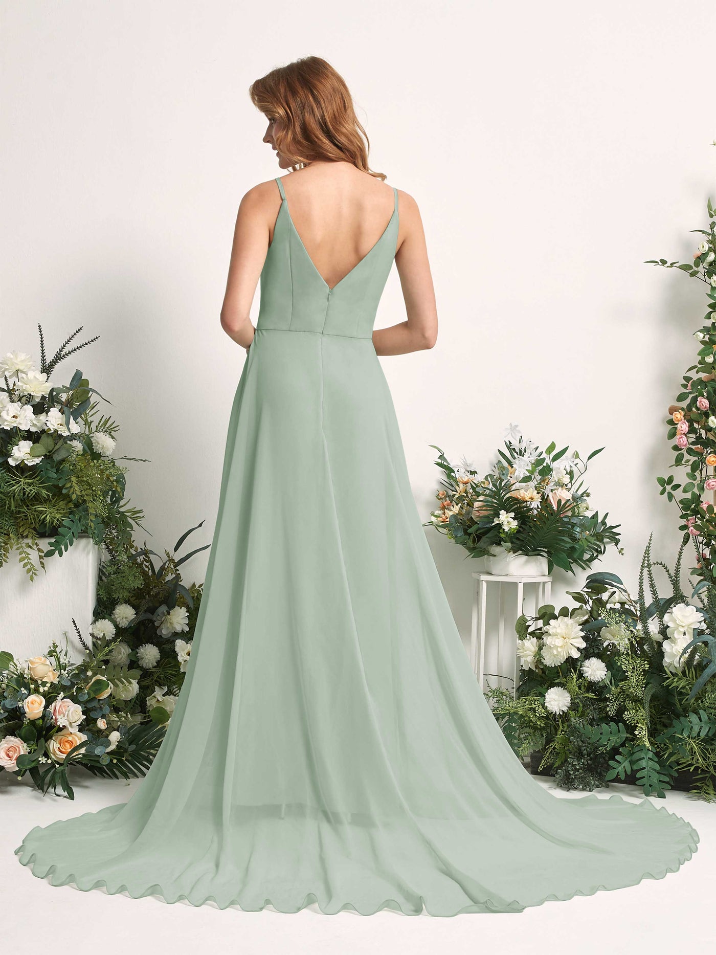 Bridesmaid Dress A-line Chiffon Spaghetti-straps Full Length Sleeveless Wedding Party Dress - Sage Green (81227705)#color_sage-green