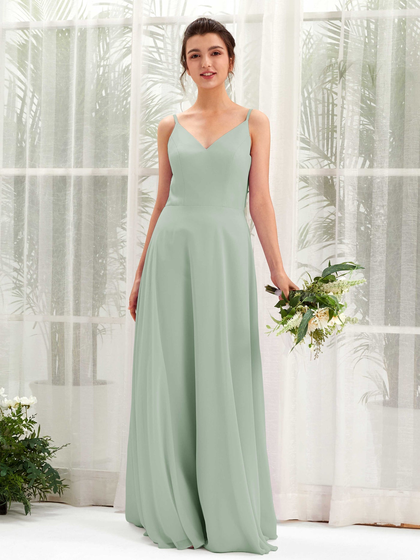 A-line Spaghetti-straps V-neck Sleeveless Chiffon Bridesmaid Dress - Sage Green (81220605)#color_sage-green