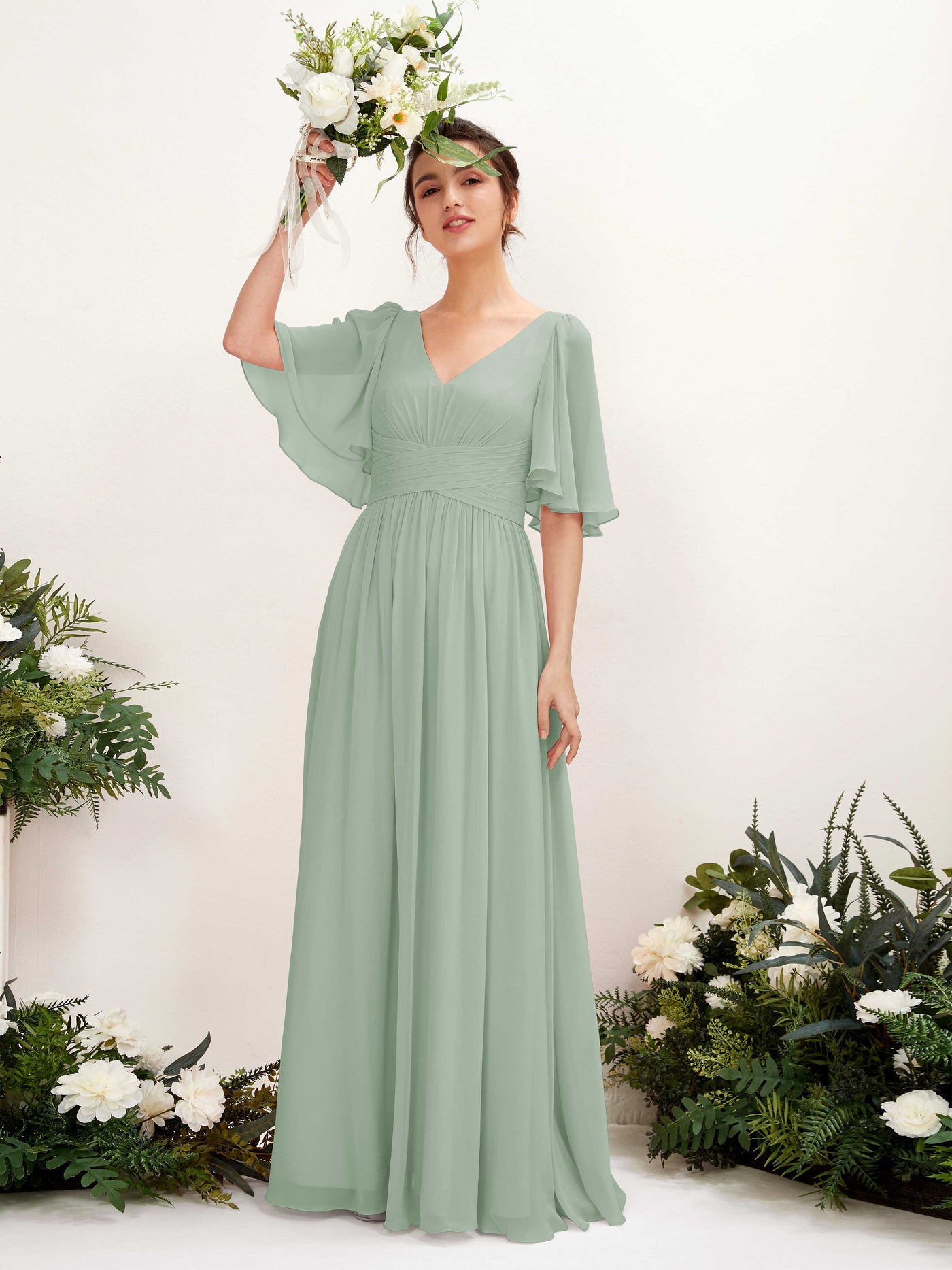 A-line V-neck 1/2 Sleeves Chiffon Bridesmaid Dress - Sage Green (81221605)#color_sage-green