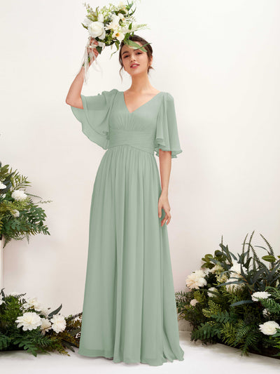 Carlyna Odette A-Line Sage Green Bridesmaid Dress Maxi Short Sleeve V-Neck Dress #color_sage-green
