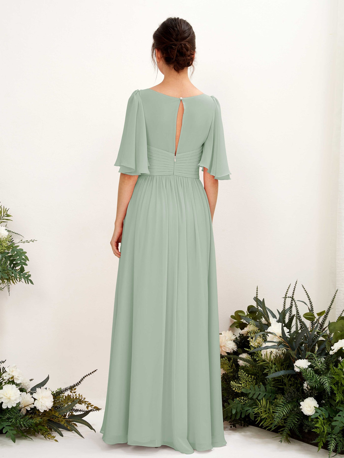 A-line V-neck 1/2 Sleeves Chiffon Bridesmaid Dress - Sage Green (81221605)#color_sage-green