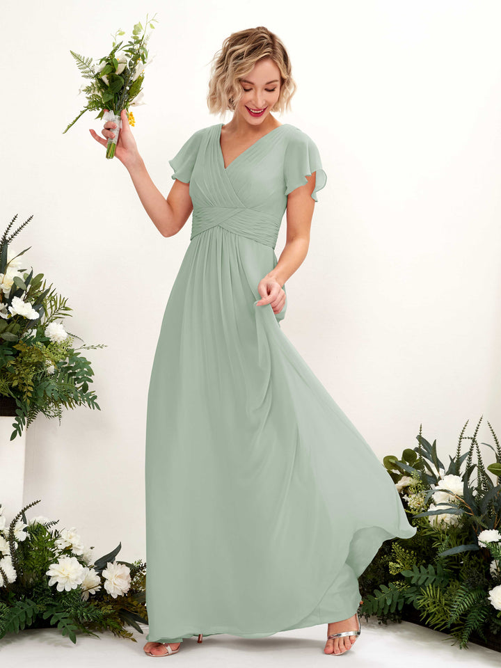 A-line V-neck Cap Sleeves Chiffon Bridesmaid Dress - Sage Green (81224305)