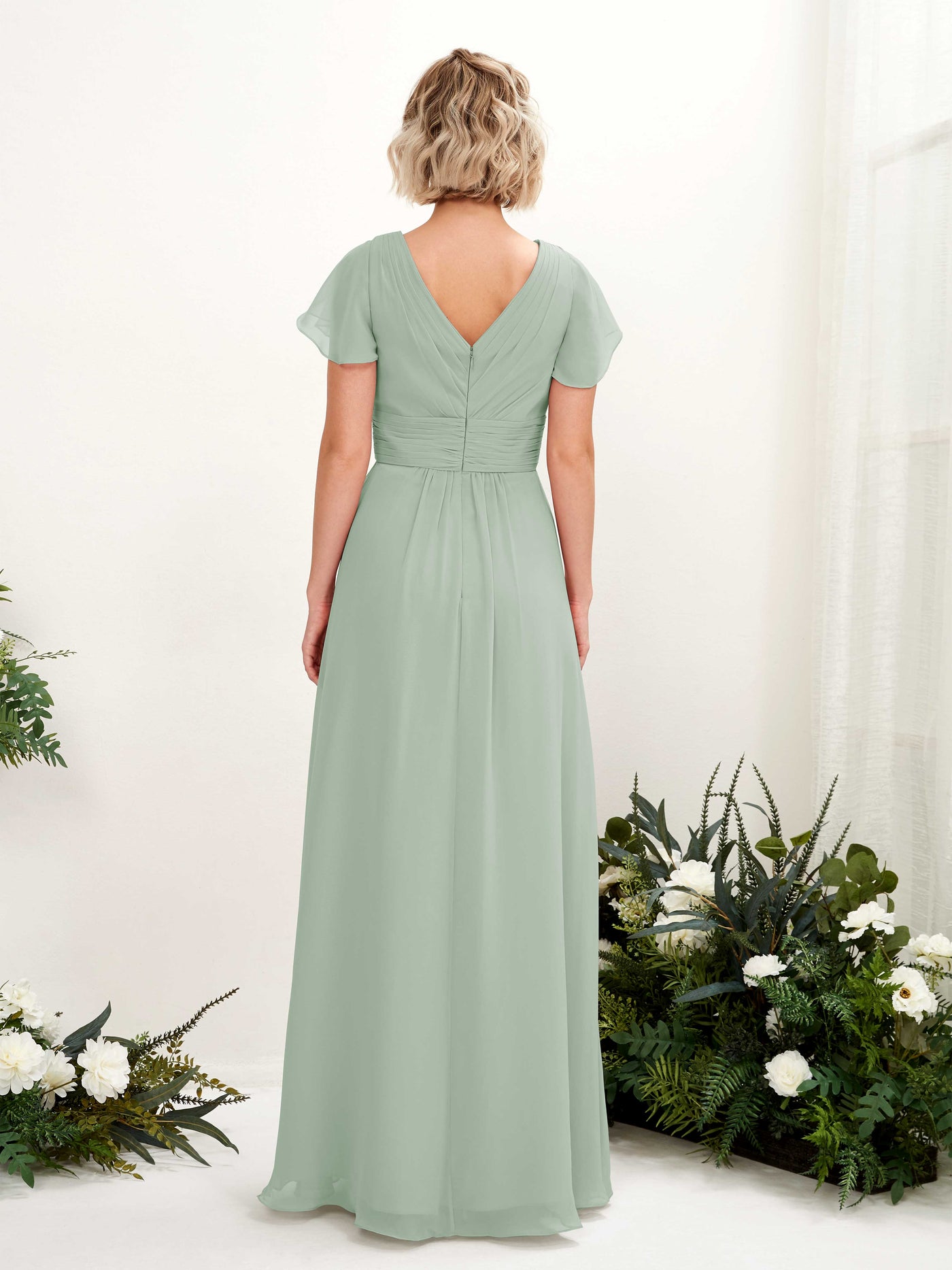 A-line V-neck Cap Sleeves Chiffon Bridesmaid Dress - Sage Green (81224305)#color_sage-green